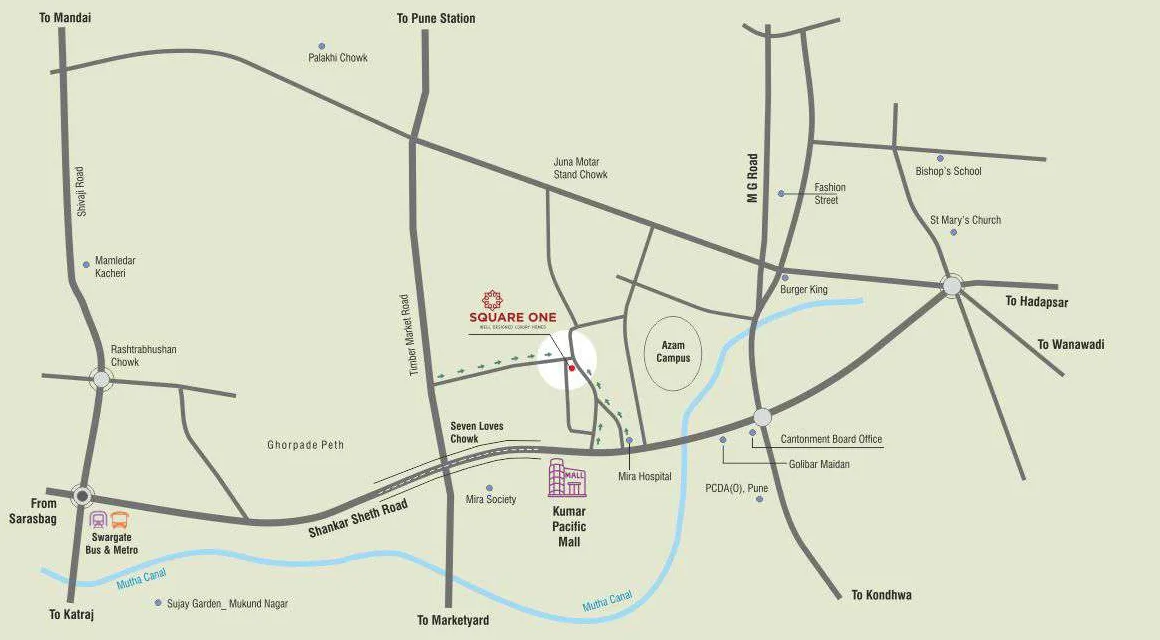 Map of Square One near Seven Loves Chowk, off Shankar Sheth Road, beside Kumar Pacific Mall and close to Pune Camp