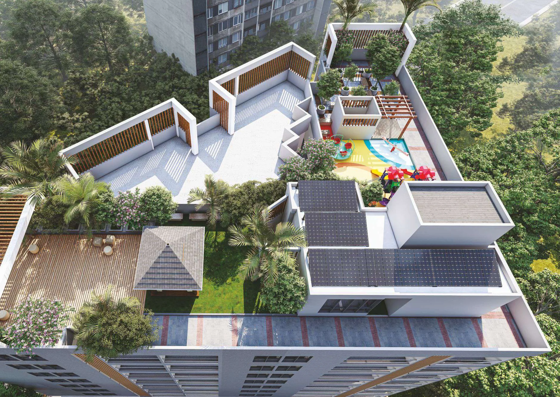 Aerial view of the Square One rooftop: a play area, pergola, open terrace, pavilion with lawn, timber deck and solar panels among palms